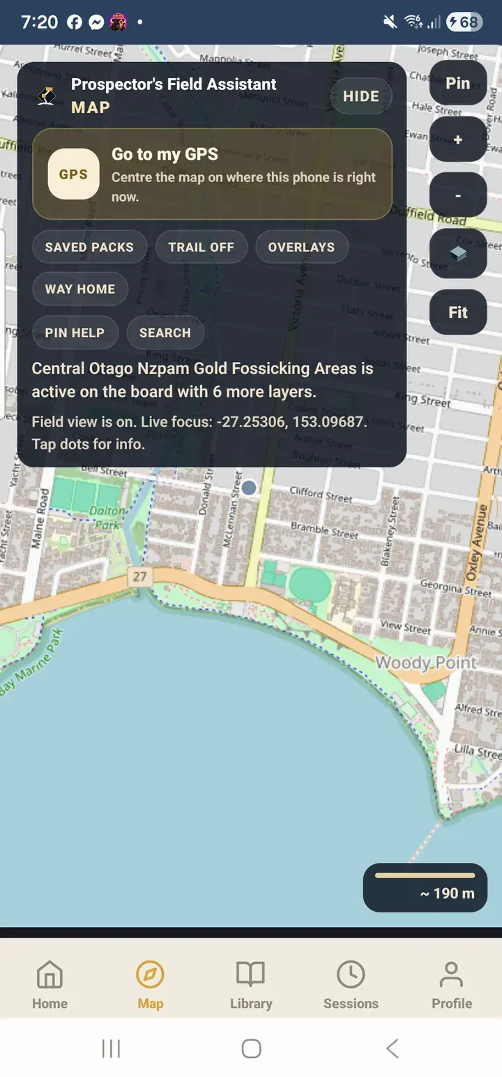 PFA Android map showing quick field actions for GPS packs, overlays, search, and way home