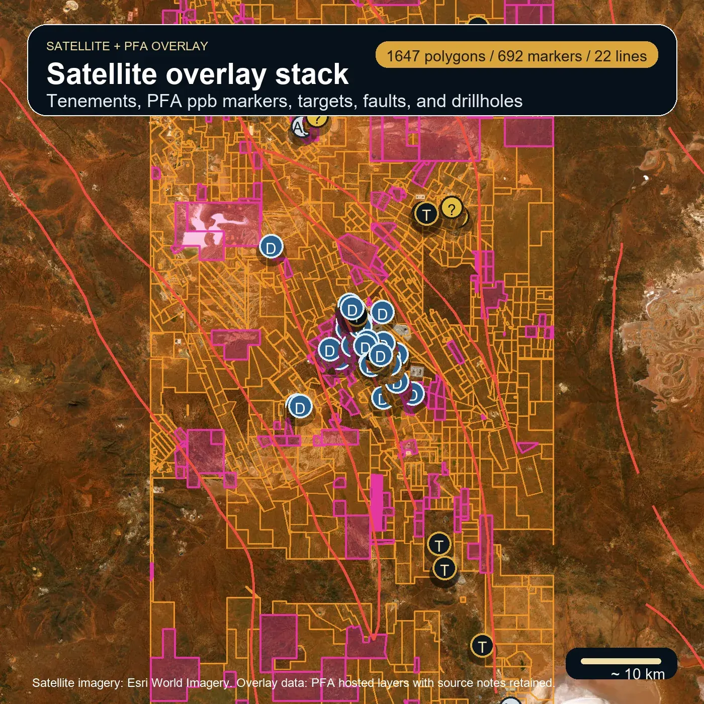 PFA satellite overlay stack showing WA tenements, target markers, fault lines, and drillhole context